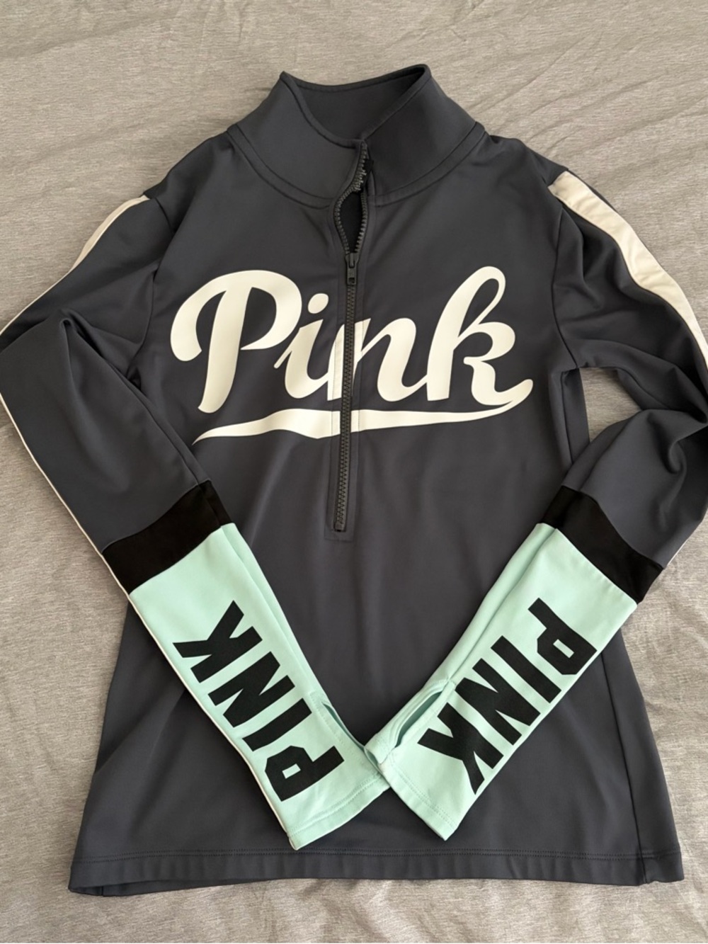 PINK Victoria's Secret Charcoal Half-Zip Pullover with Mint Sleeve Panels